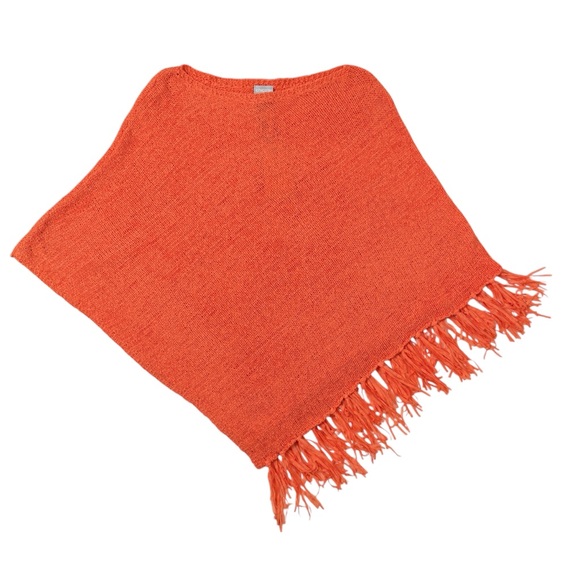 Chicos Poncho Orange Tape Yarn Knit Fringe Asymmetrical Pumpkin SZ Small Medium - Picture 4 of 15